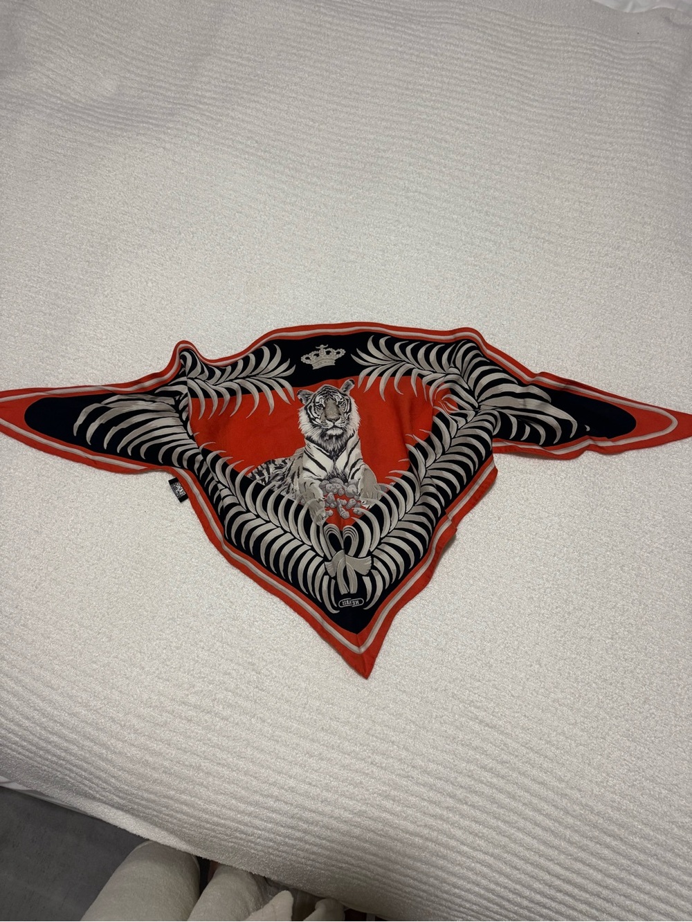 Hermes Orange, Black and Cream Tiger Motif Silk Scarf